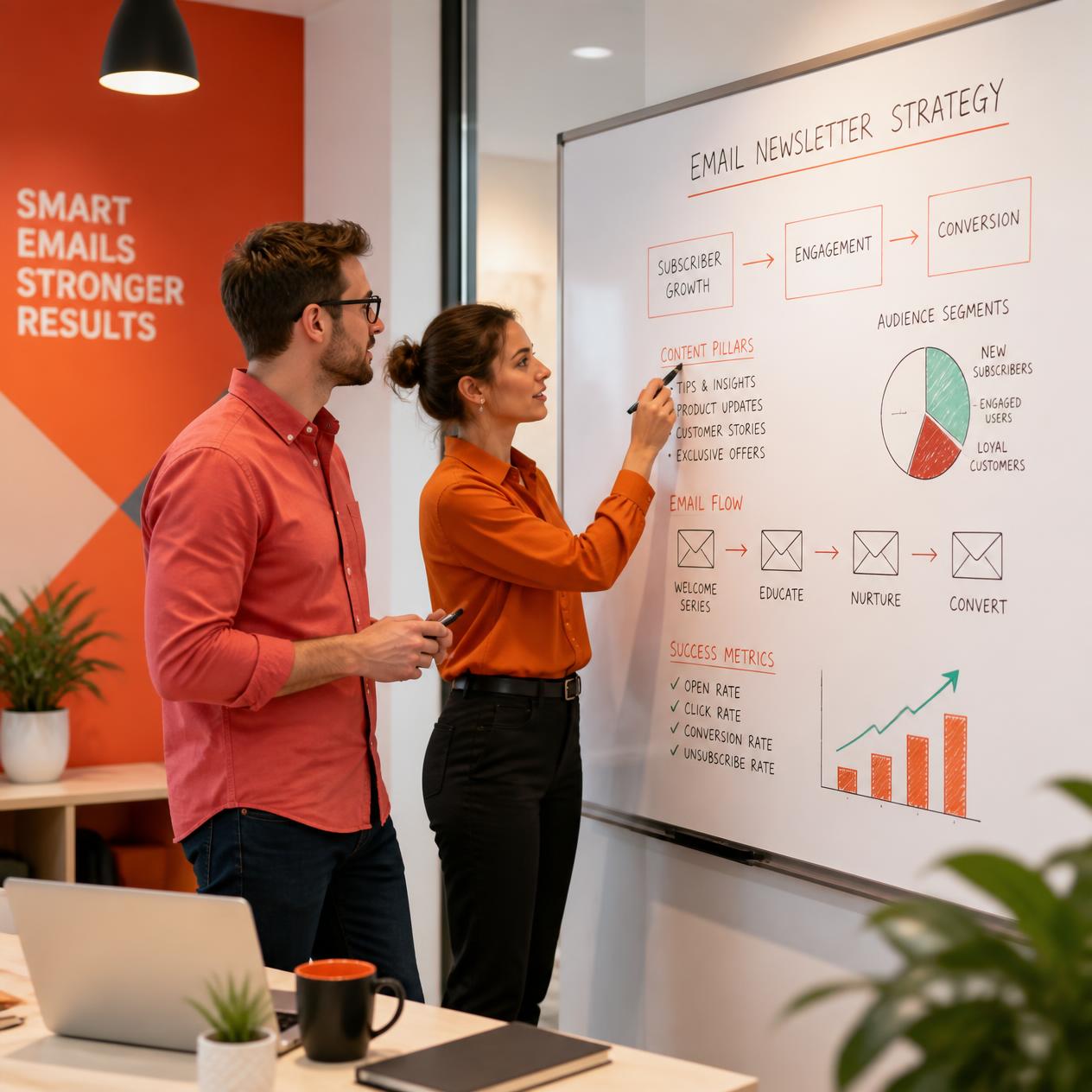 Email newsletter strategy session with two marketing team members at a whiteboard