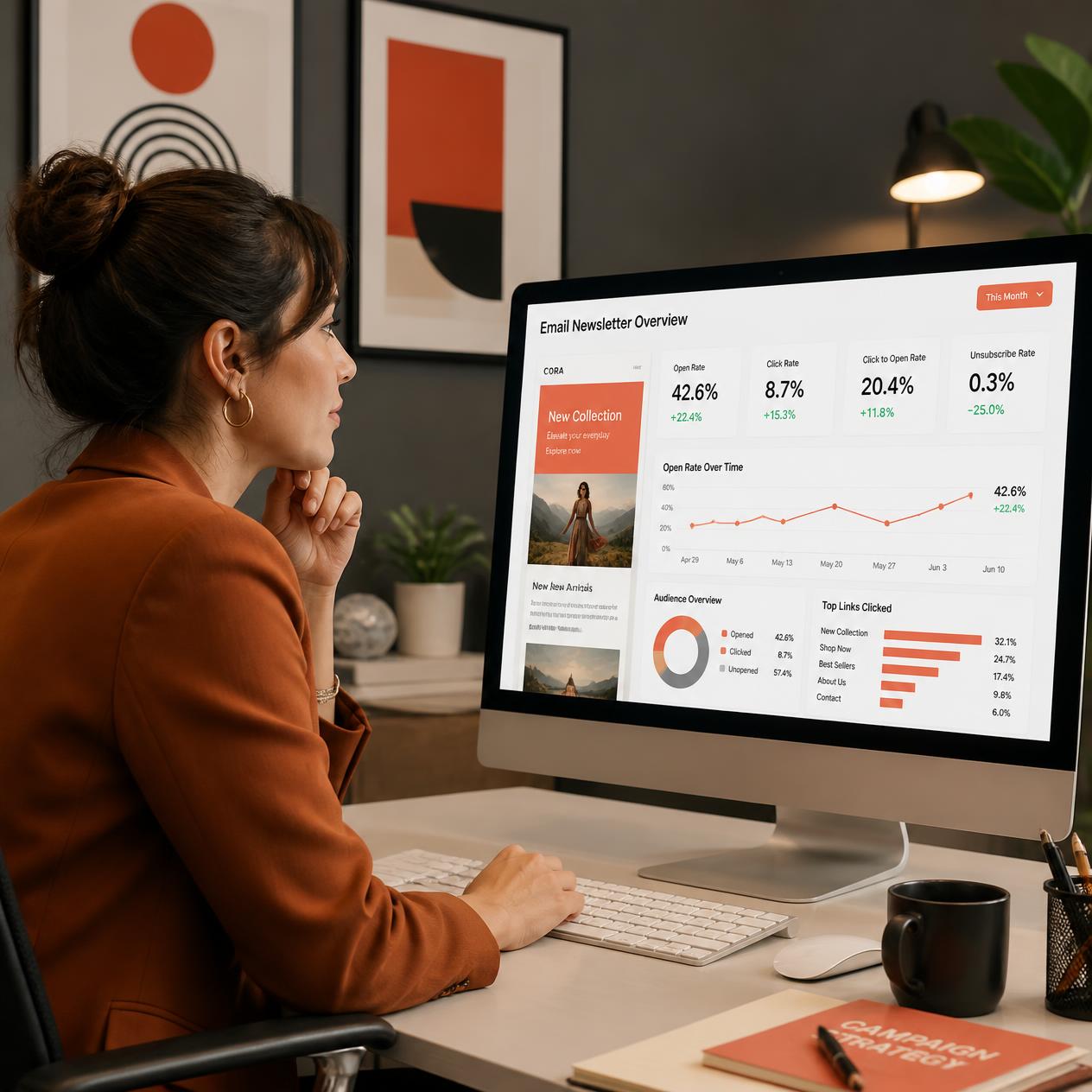 Marketing professional reviewing email newsletter analytics and open rate data