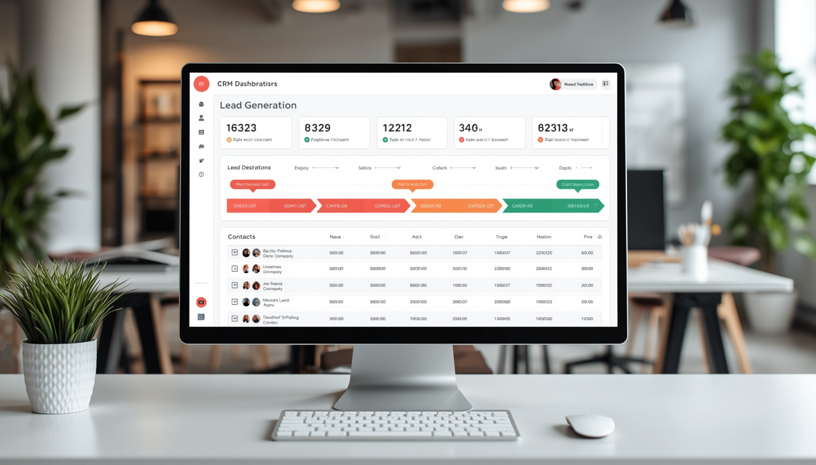 CRM dashboard on desktop monitor showing lead generation pipeline and contact data