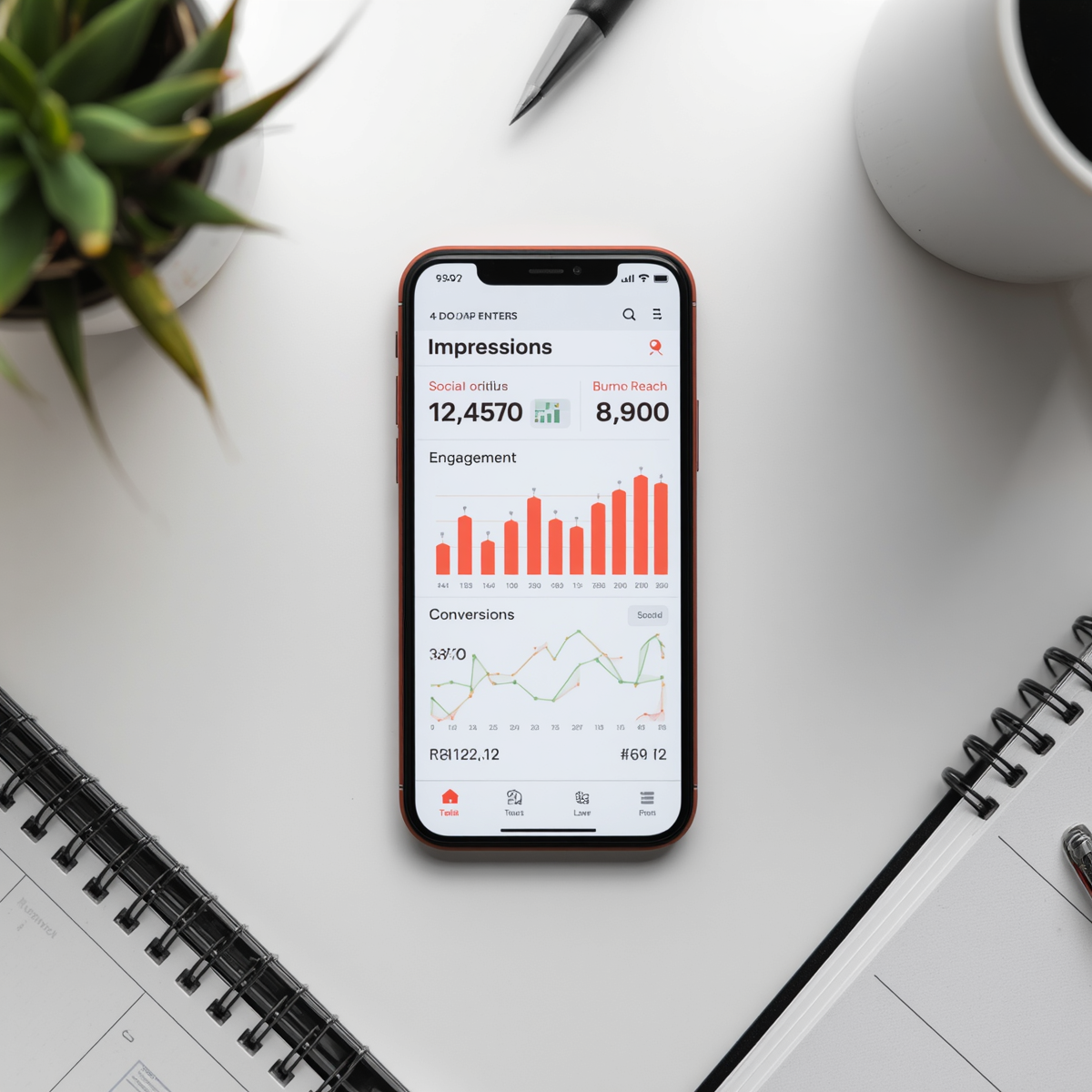 Smartphone with social media advertising analytics in a clean editorial flat-lay