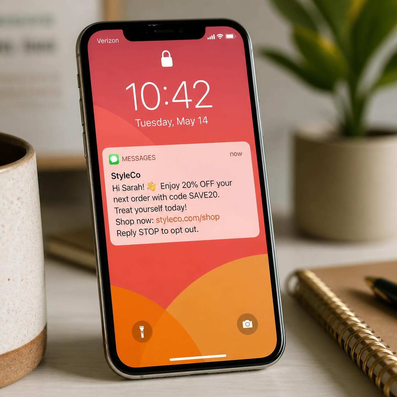 Smartphone displaying SMS marketing notification for customer engagement