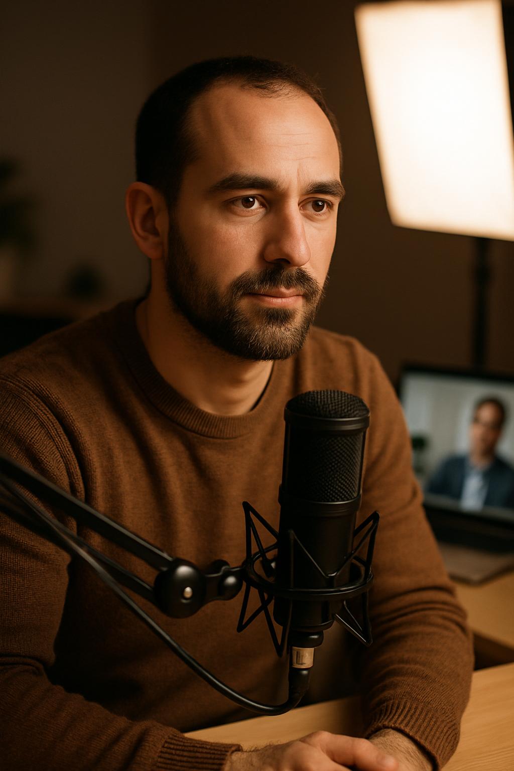 Professional podcast host recording a business webinar at a modern studio desk setup.