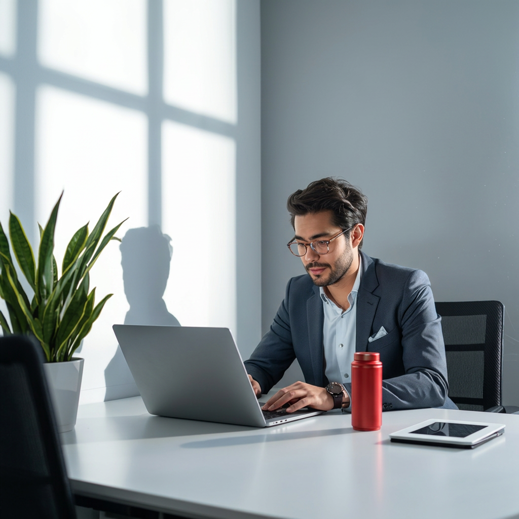 Brand and creator collaboration — professional reviewing influencer content on laptop with product nearby