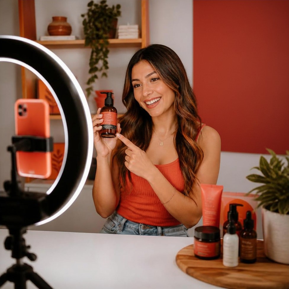 Content creator recording product video with ring light for influencer marketing campaign