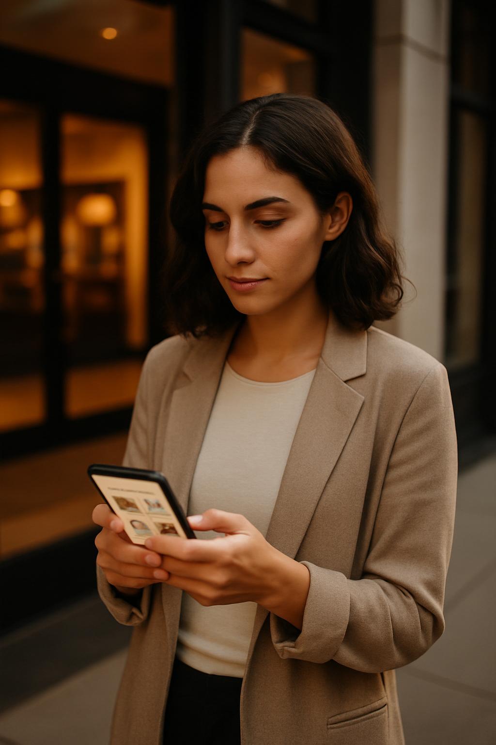 Person browsing local ecommerce products on mobile phone outside a storefront