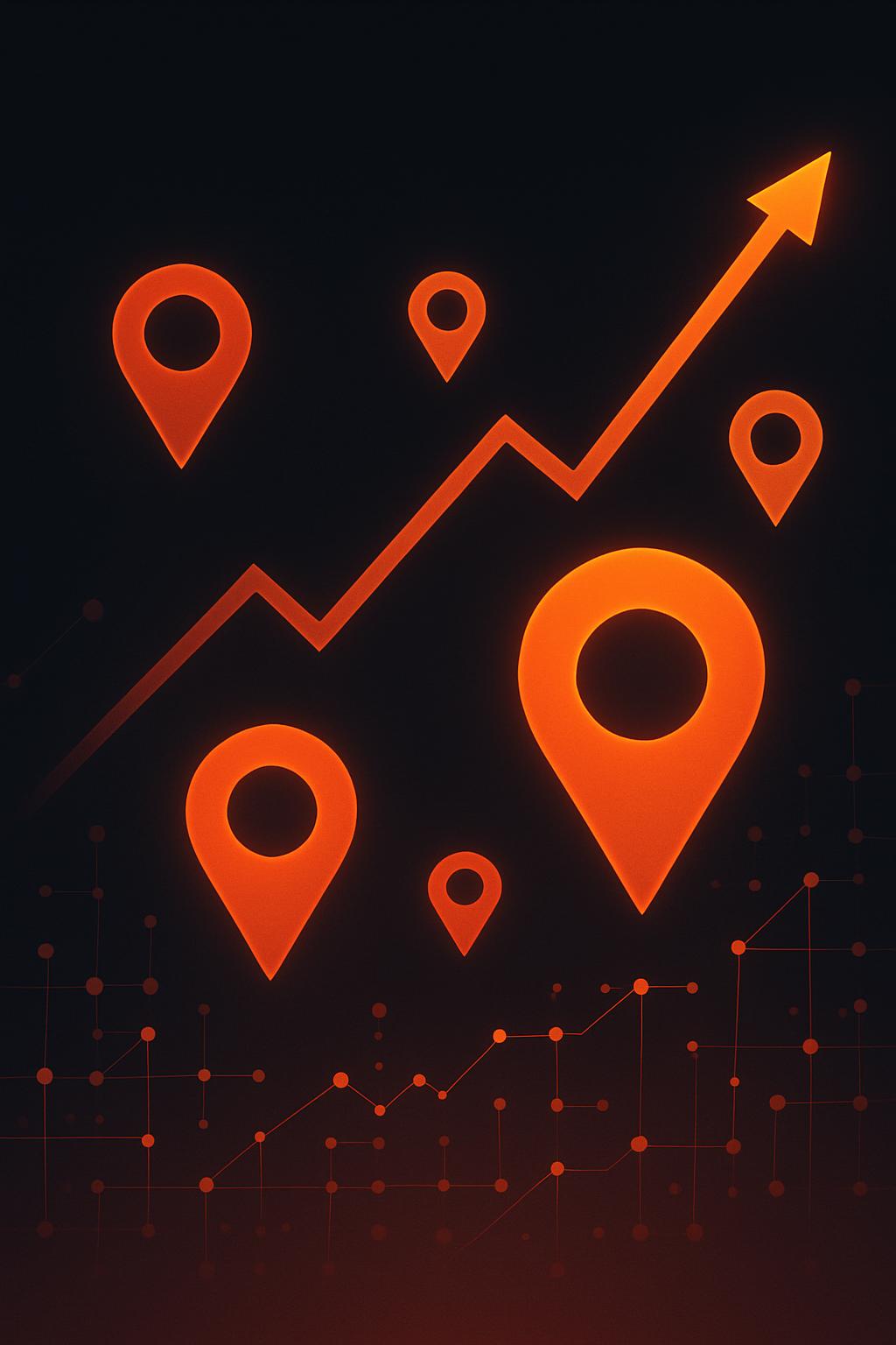 Abstract local SEO data visualization showing location pins and search growth indicators