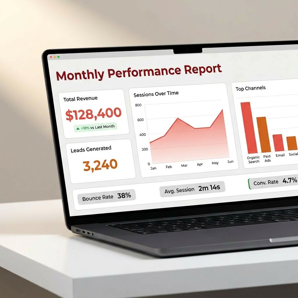 AgencyAnalytics-style marketing dashboard displayed on laptop for client reporting.