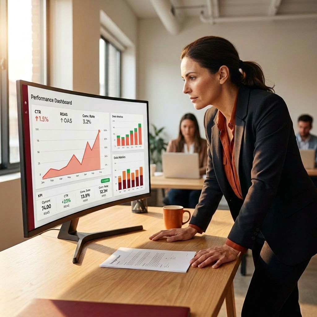 Marketing strategist reviewing performance dashboard and reporting data on monitor.
