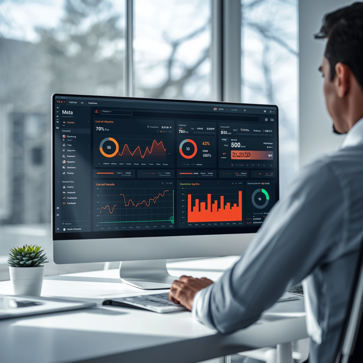 Marketing professional reviewing Meta advertising campaign performance data on desktop monitor