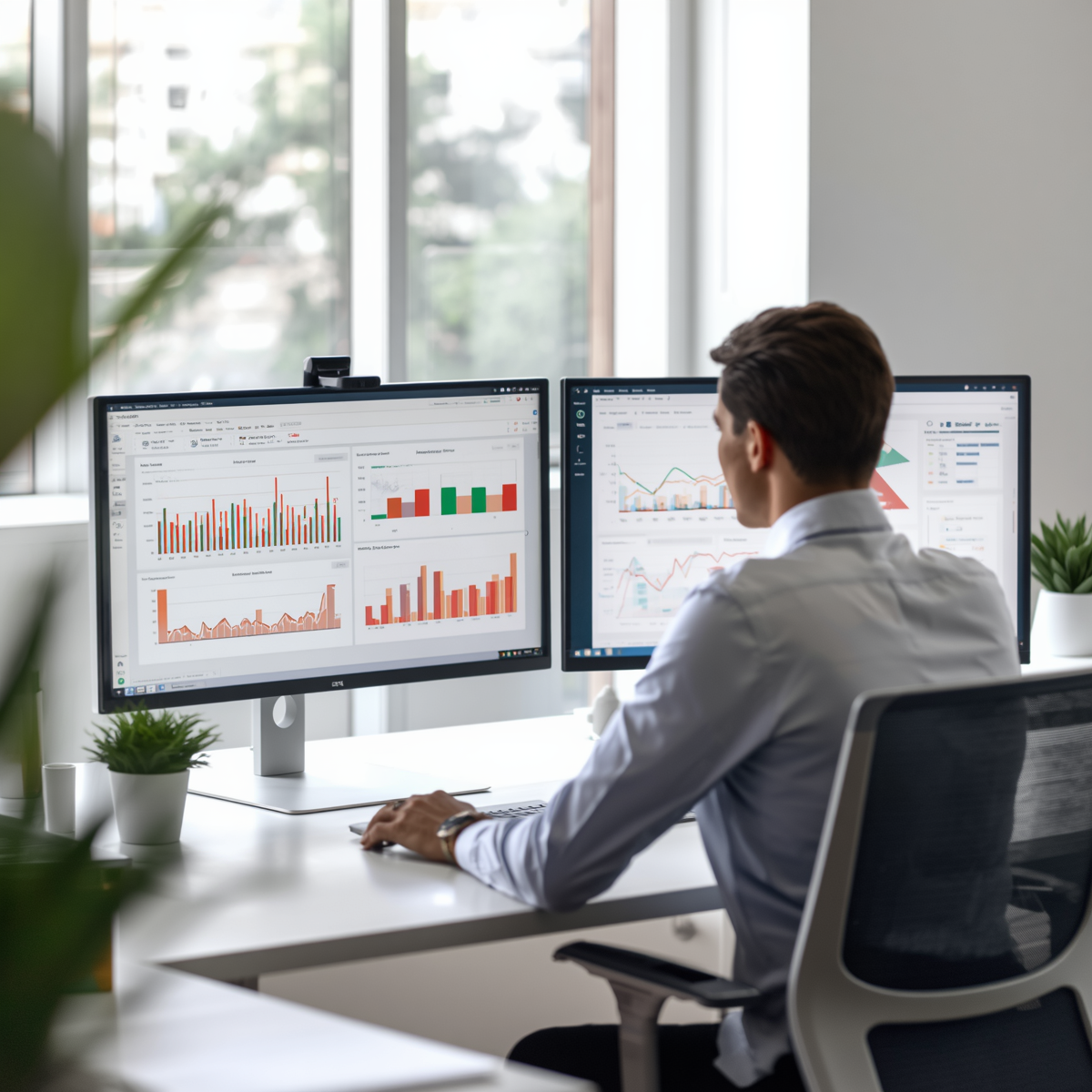 Business analyst reviewing Microsoft Ads performance data on dual monitors