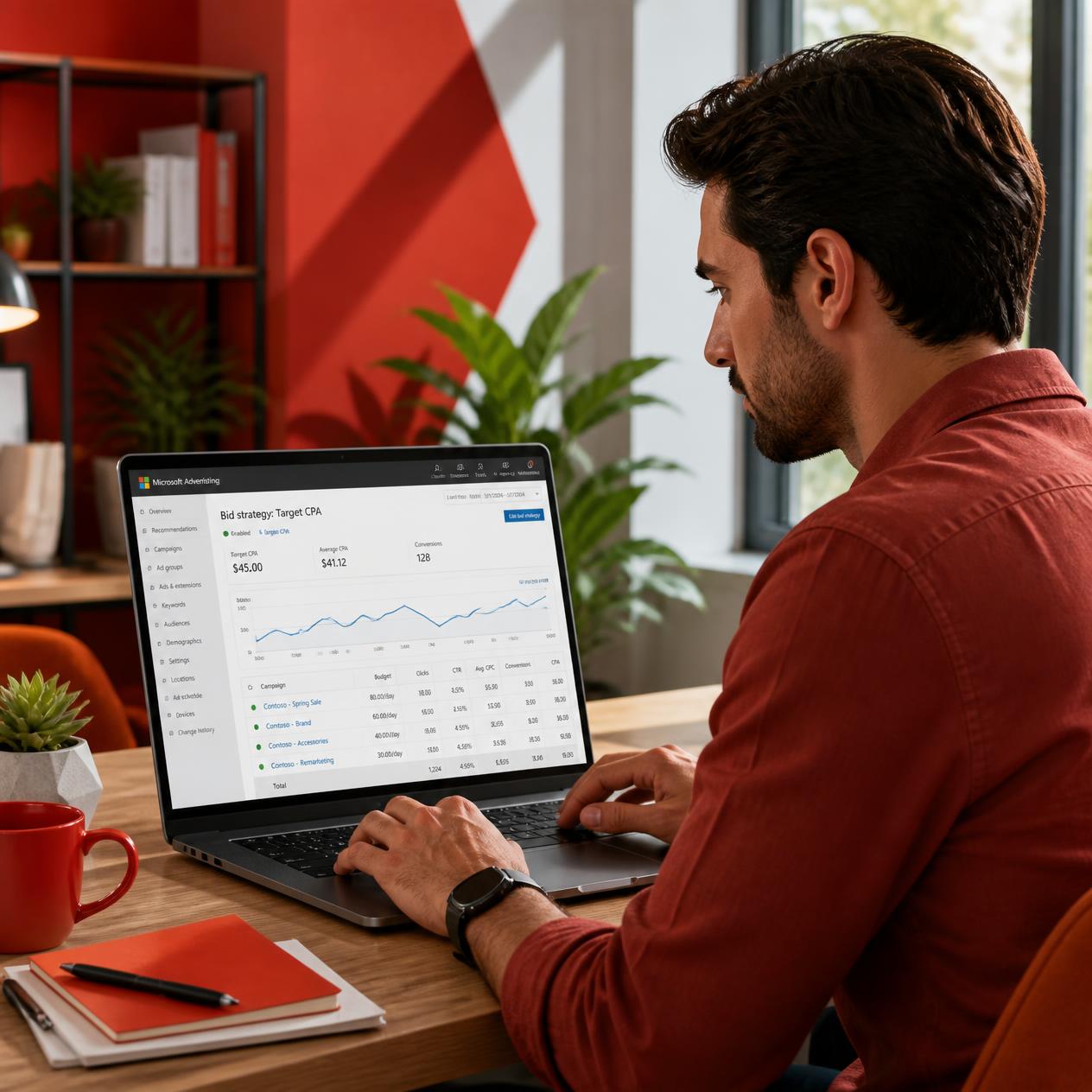 Digital marketer actively managing Microsoft Ads bid optimization on a laptop
