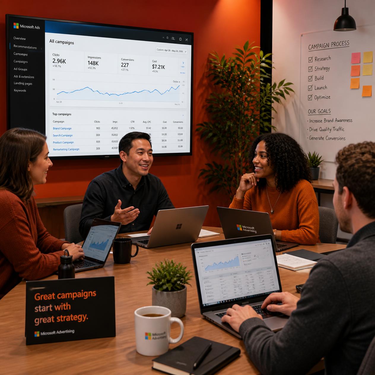 Digital marketing team collaborating on Microsoft Ads campaign process and strategy