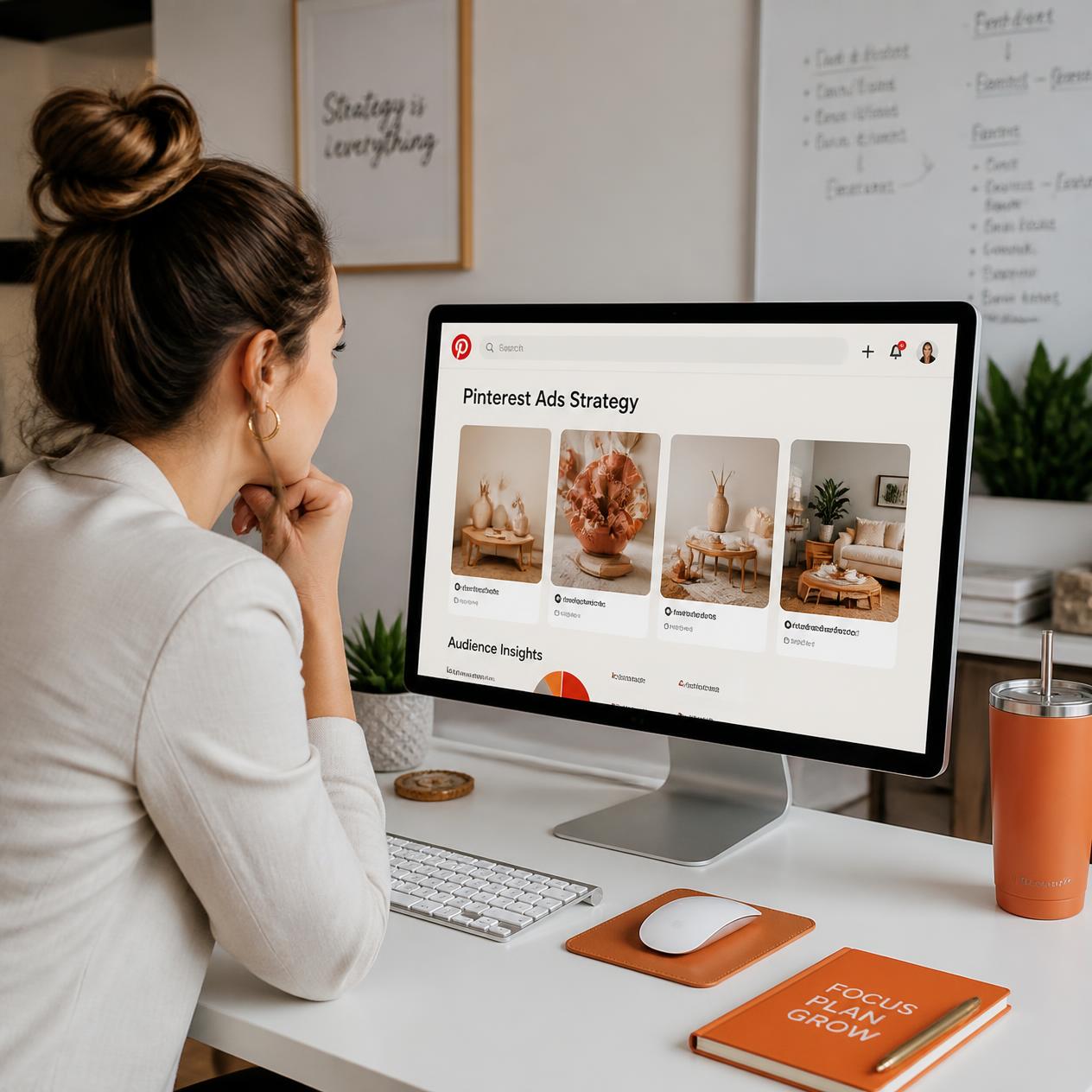 Small business owner reviewing Pinterest advertising strategy for product-based brand