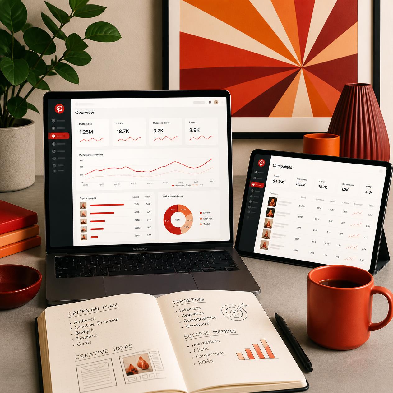 Marketing team workspace representing Pinterest ad campaign setup and planning