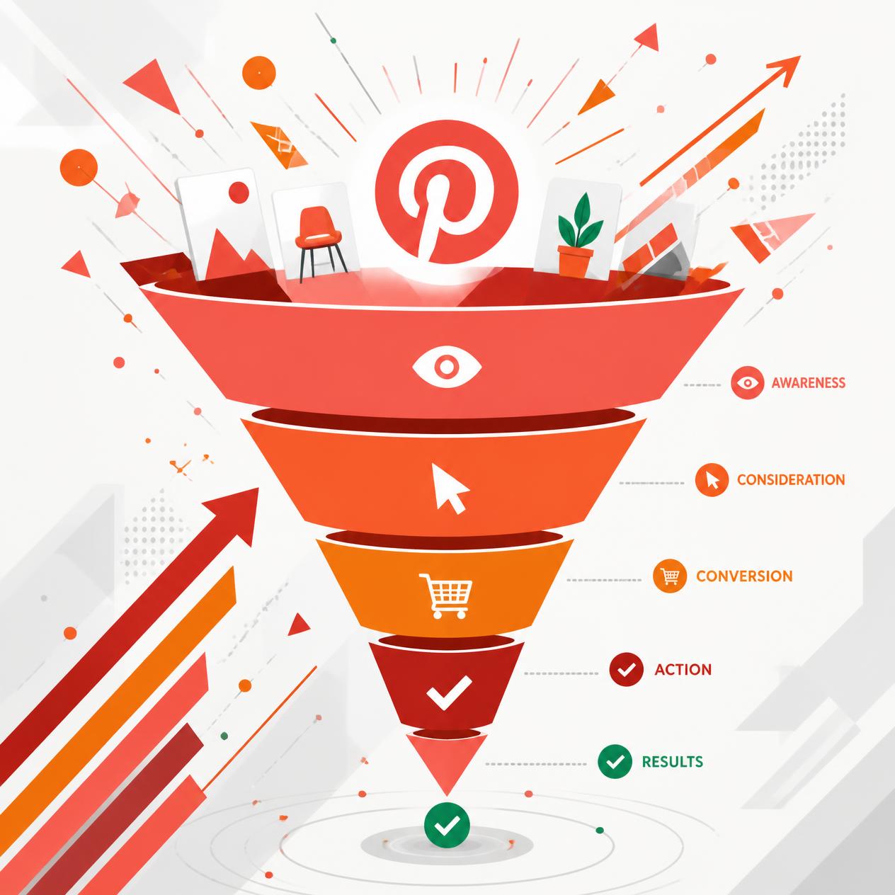 Abstract conversion funnel graphic representing Pinterest ad campaign performance flow