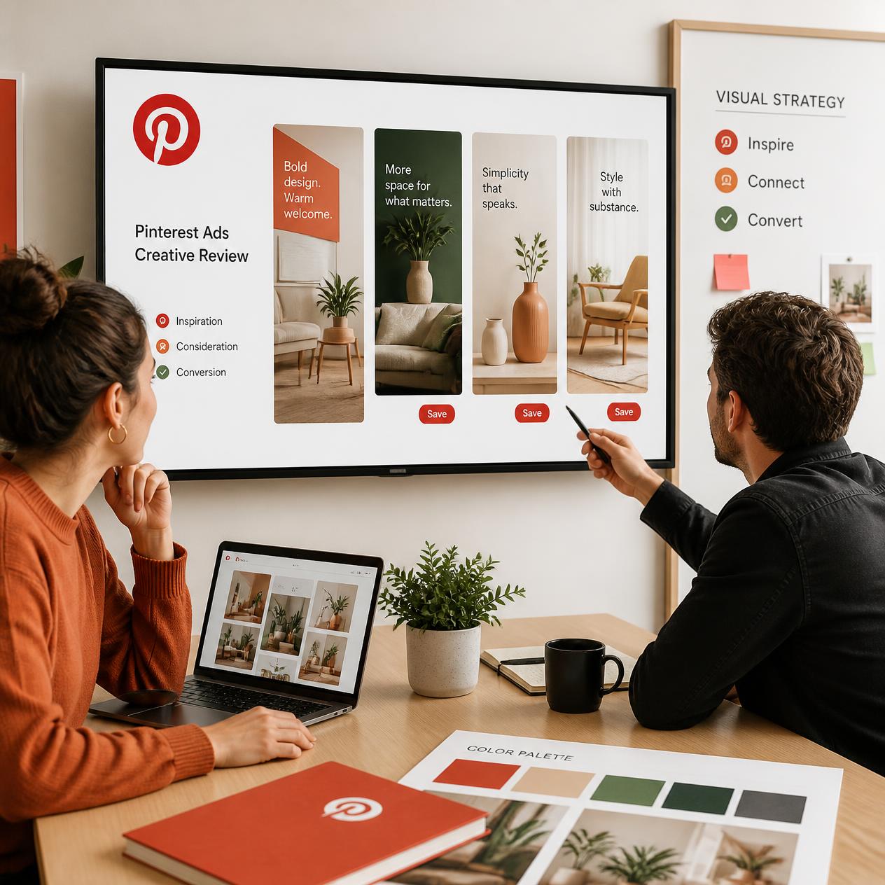 Marketing professionals reviewing Pinterest ad creatives and visual content strategy