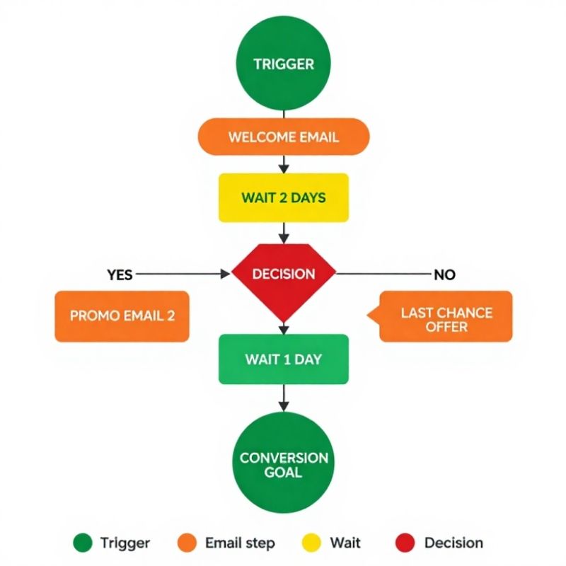 Email automation workflow diagram illustrating promotional campaign sequence logic.