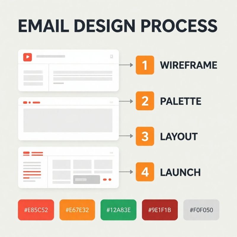 Email template design process with wireframes and color palette for promotional campaigns.