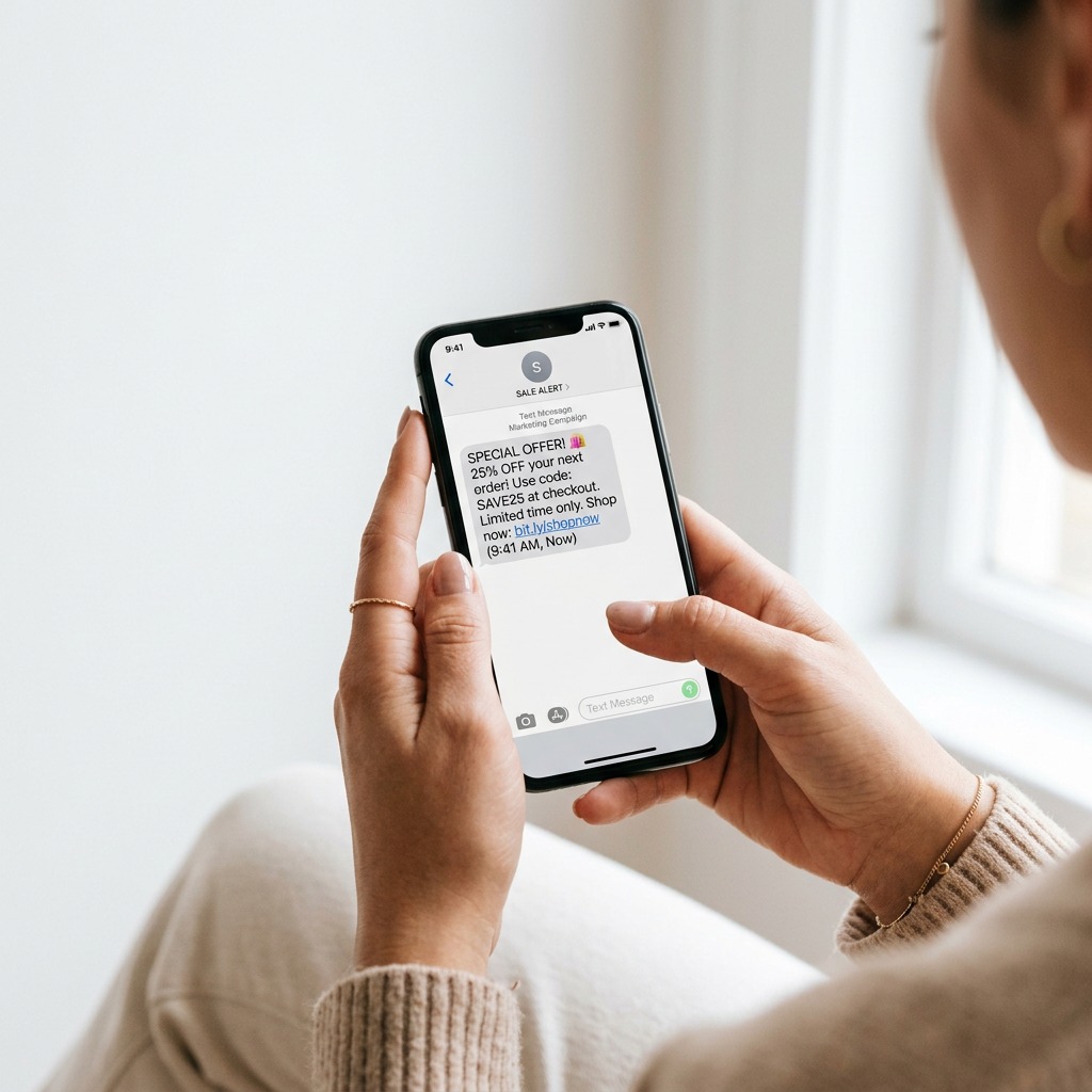 Person receiving promotional SMS message on smartphone for mobile marketing campaign.
