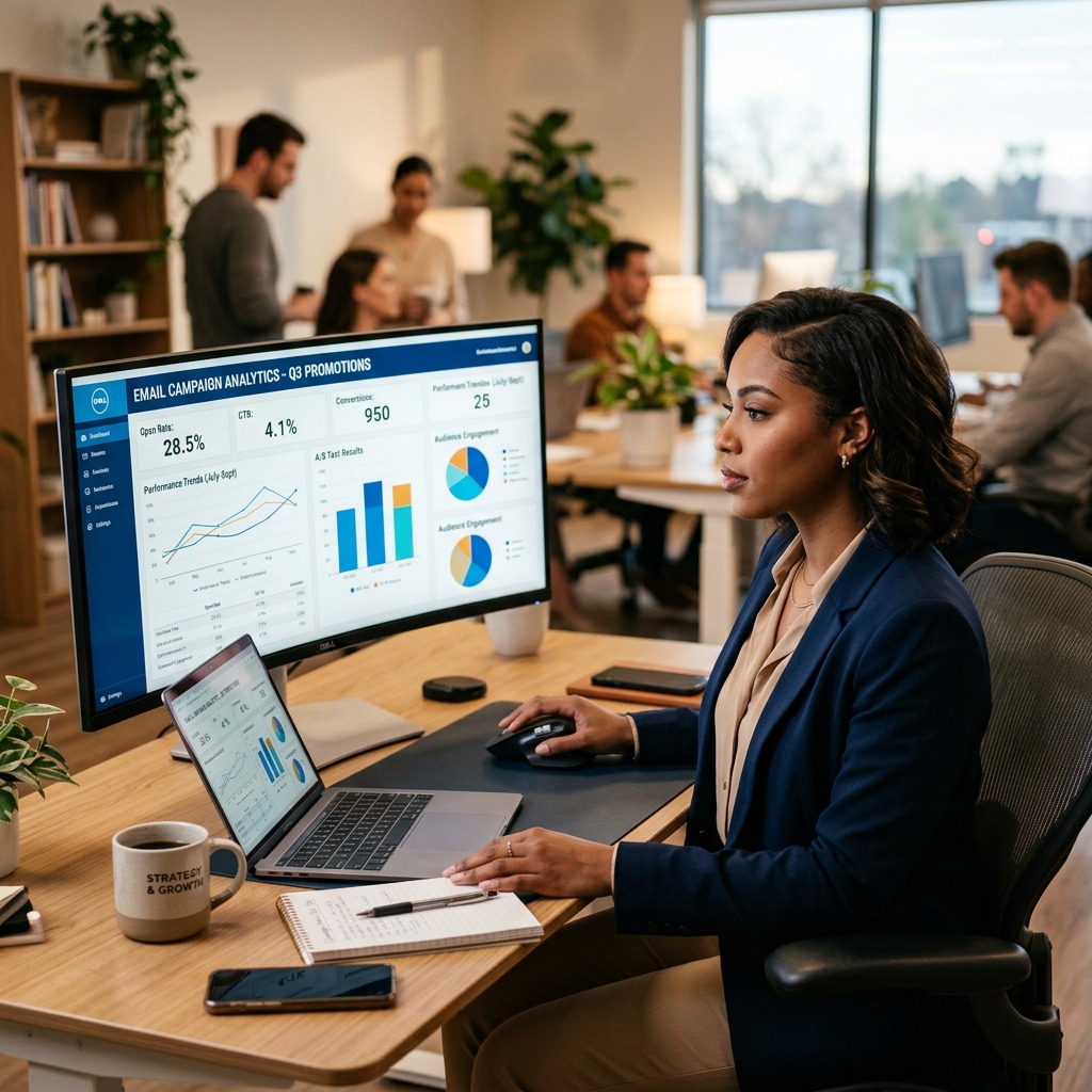 Marketing strategist reviewing promotional email campaign performance analytics.