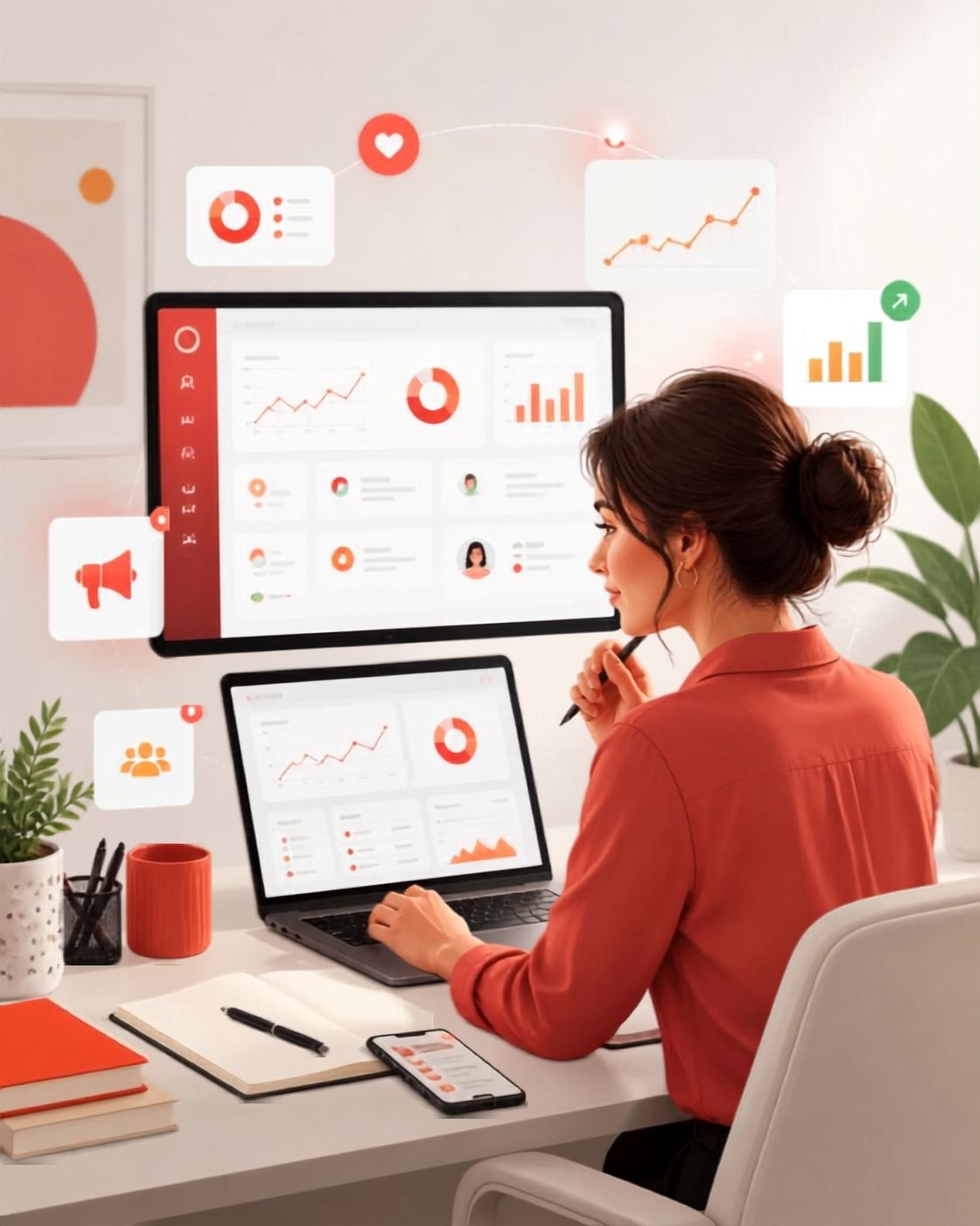 Marketing professional managing Facebook and Instagram paid advertising campaigns at a desk.
