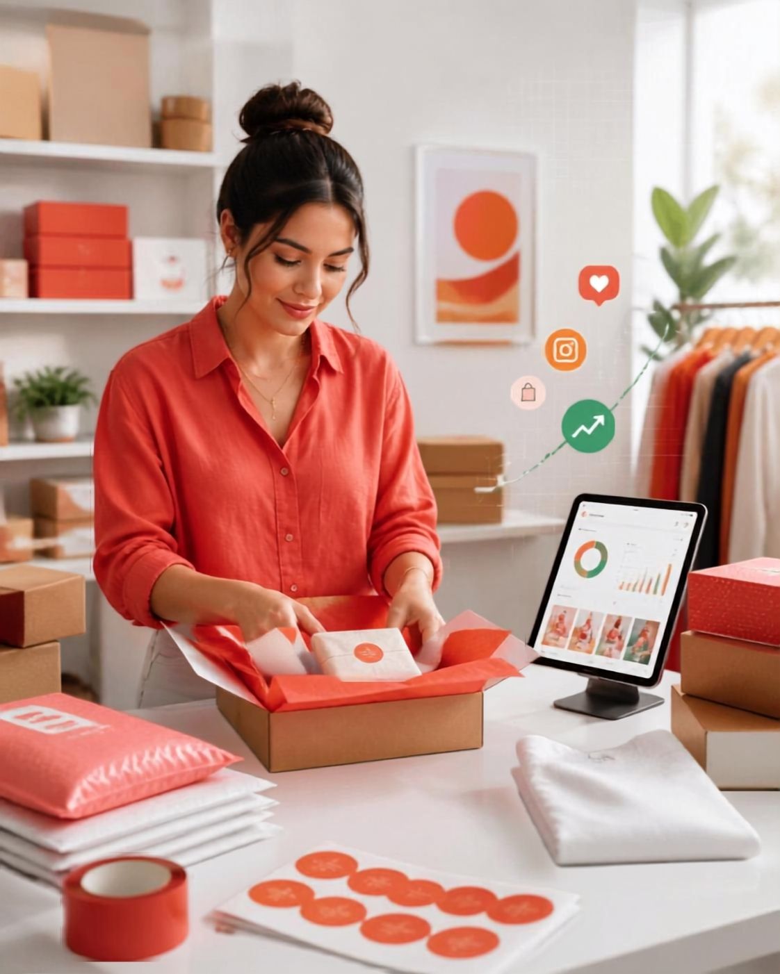 Ecommerce brand owner packaging products representing social media management for online retailers