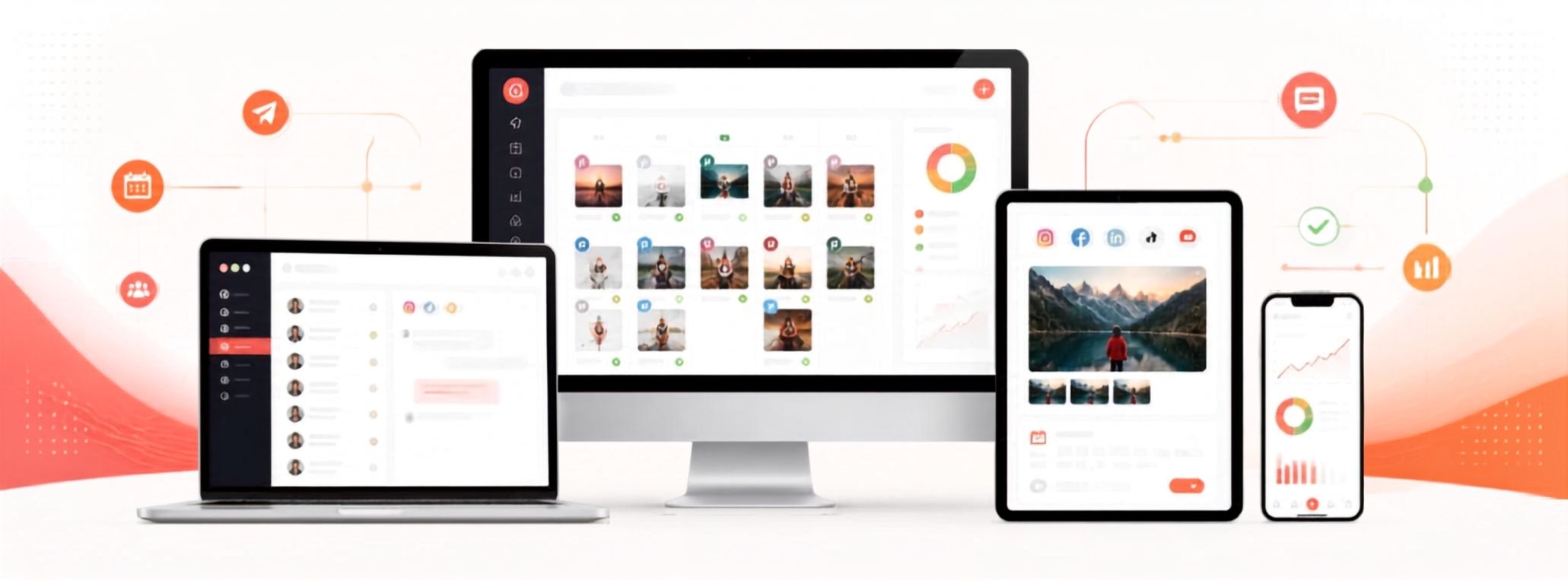 Multiple digital devices showing cross-platform social media management capability