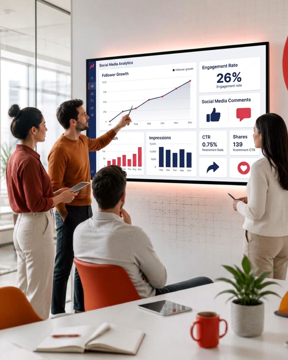 Marketing team reviewing social media content strategy on a large office monitor