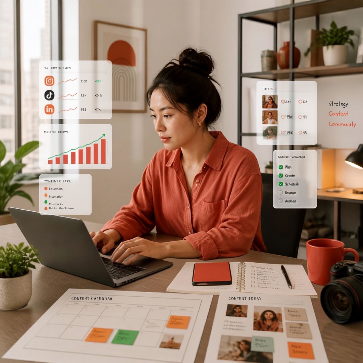 Content creator managing organic social media strategy at a modern workspace