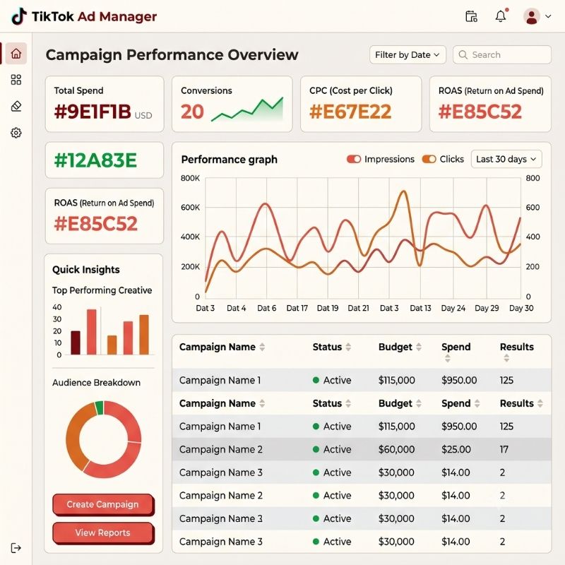 TikTok ad campaign management dashboard and performance analytics workspace