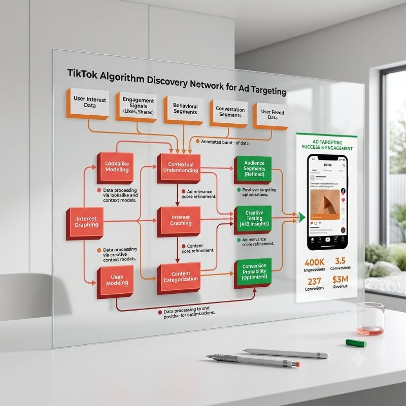 TikTok algorithm discovery network diagram concept for ad targeting