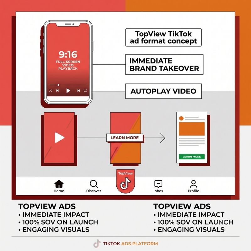 TopView TikTok ad format concept showing full-screen brand takeover