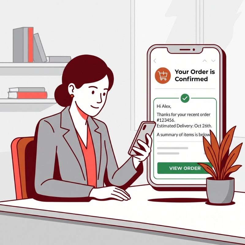 Person reading a transactional email on a smartphone in a professional setting