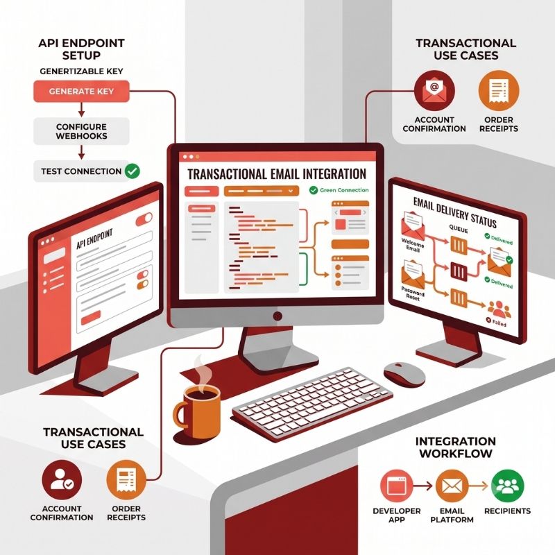 Developer workstation showing email platform integration setup for transactional email systems