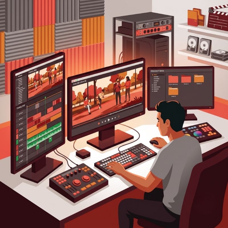 Video editor working at a professional editing suite with color-graded footage on screen