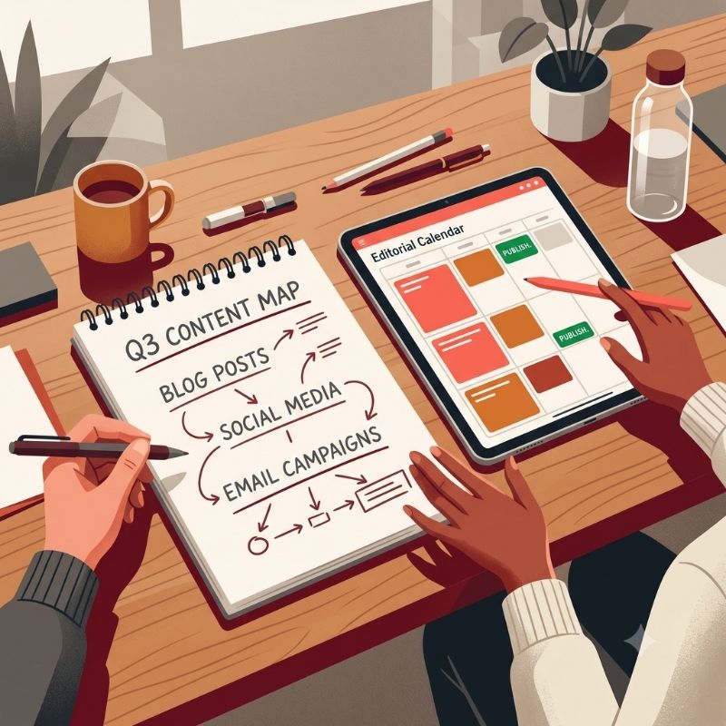 Content strategy planning session with notebook and tablet on a wooden desk