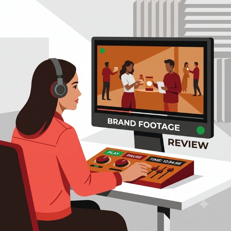 Filmmaker reviewing brand video footage on a professional production monitor
