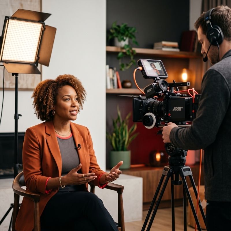 Business professional being filmed for a brand interview video with cinematic lighting