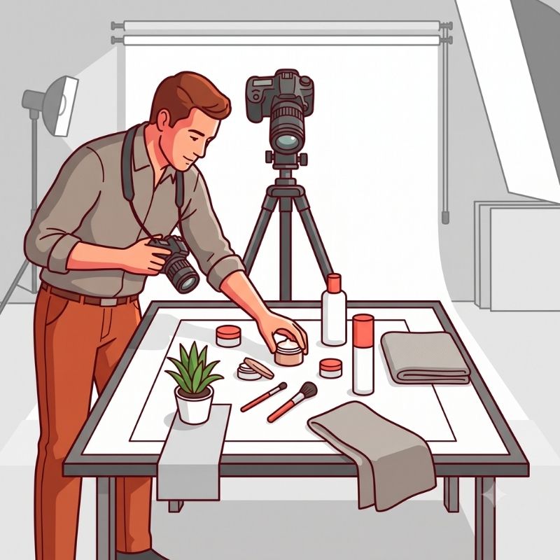 Commercial photographer arranging a product flat-lay for ecommerce content