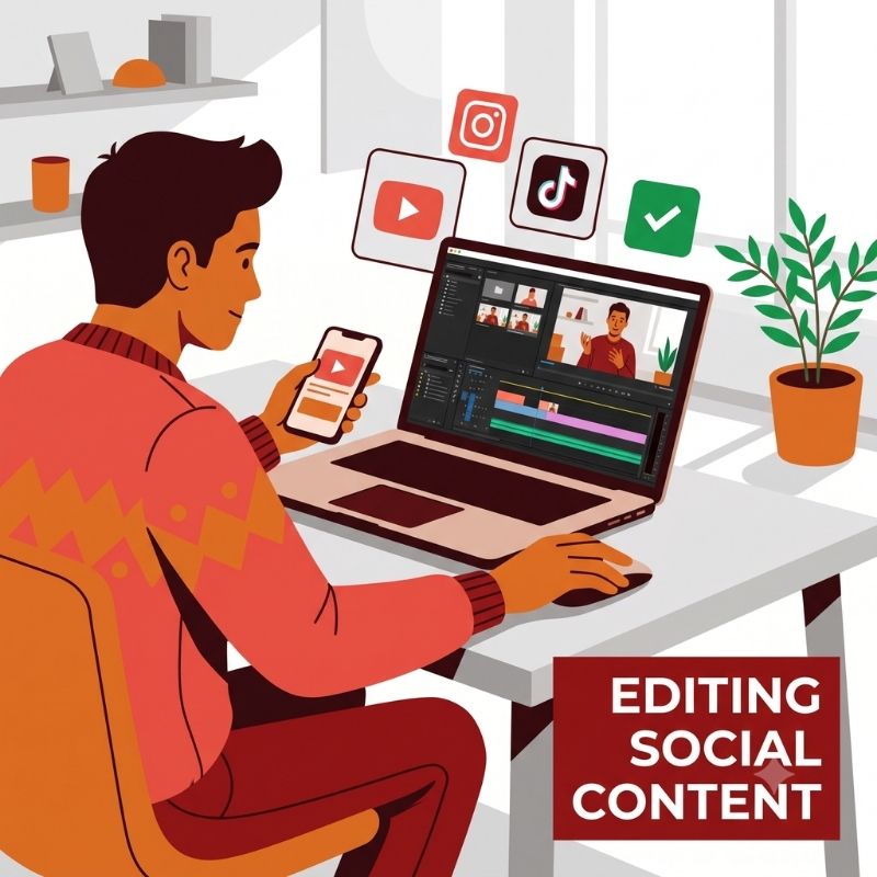 Creative professional editing social video content on a laptop in a modern workspace
