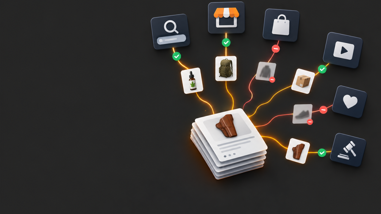 Product catalog feeding into multiple shopping channels, with some products approved and others filtered out.