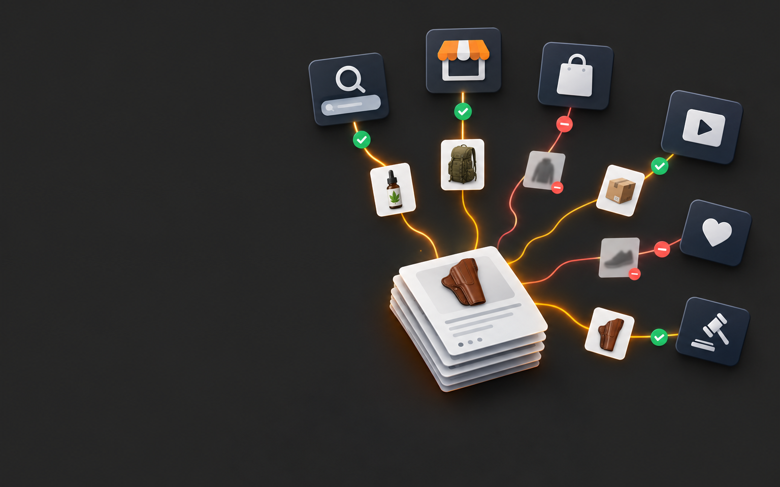 Product catalog feeding into multiple shopping channels, with some products approved and others filtered out.