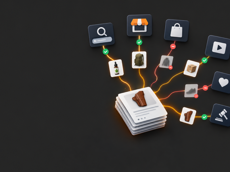 Product catalog feeding into multiple shopping channels, with some products approved and others filtered out.