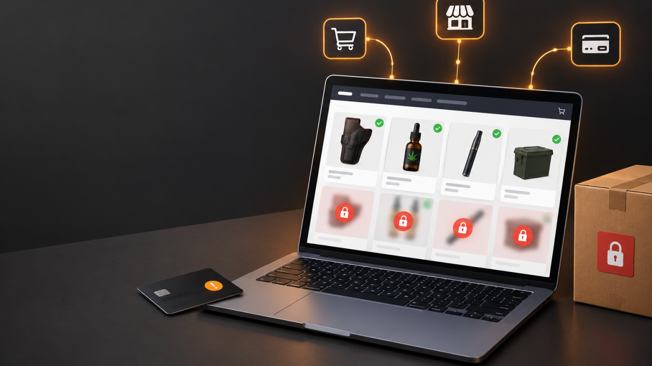 Ecommerce storefront on a laptop showing approved and restricted product listings, with payment and shipping icons.