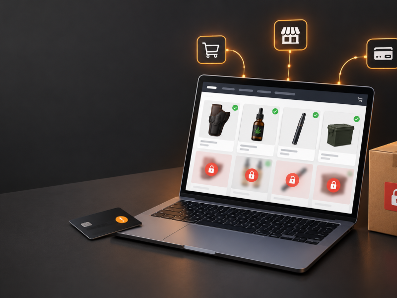 Ecommerce storefront on a laptop showing approved and restricted product listings, with payment and shipping icons.